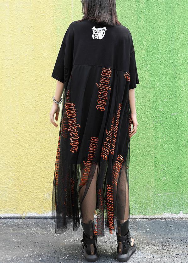 O Neck Letter Cotton Summer Long Pattern Black Dresses