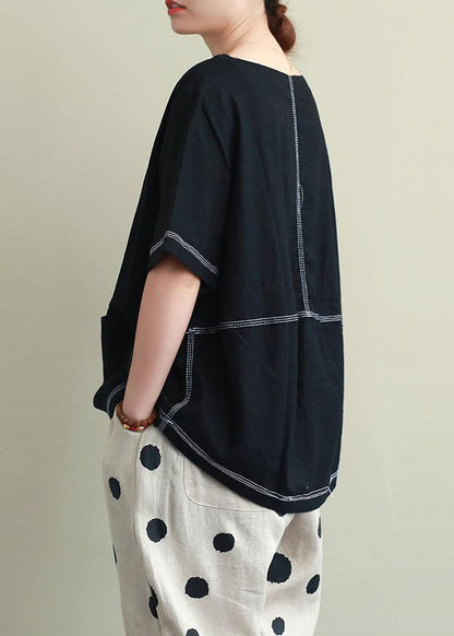 O Neck Open Wire Decoration Linen Summer Clothes Black Short Shirt