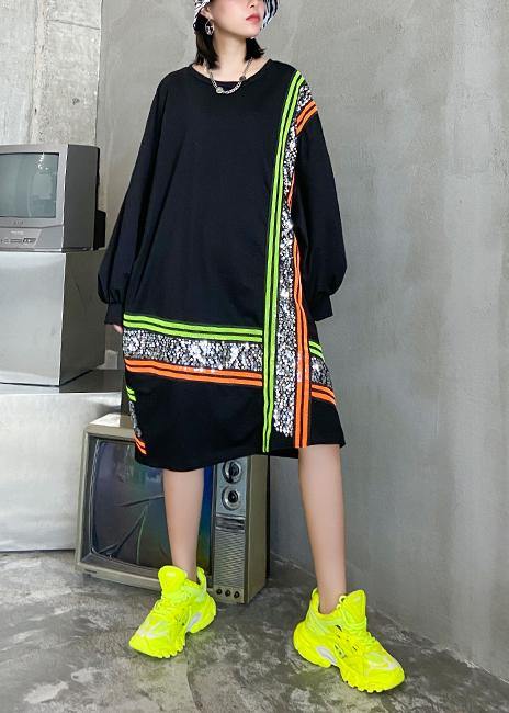 O Neck Sequined Quilting Dresses Shape Black Dress