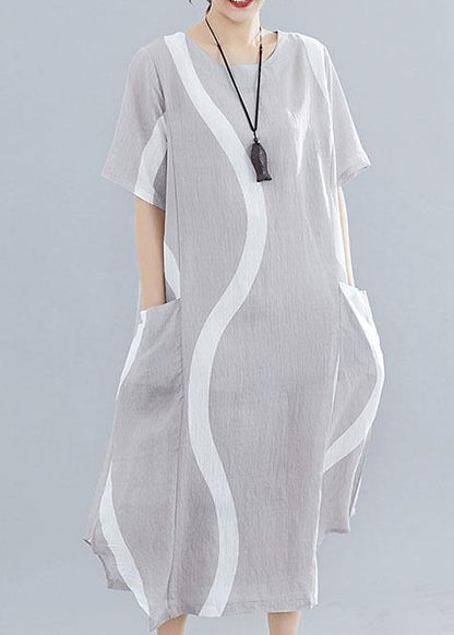 O Neck Asymmetric Cotton Clothes for Design Light Gray Striped Maxi Dresses Summer