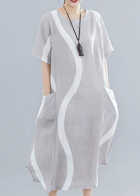 O Neck Asymmetric Cotton Clothes for Design Light Gray Striped Maxi Dresses Summer