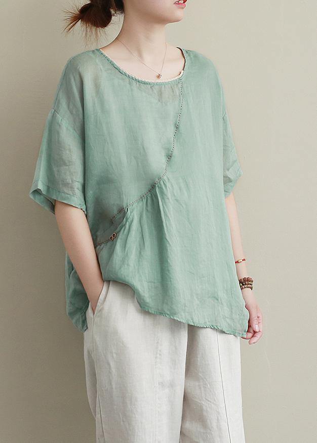 O Neck Asymmetric Cotton Linen Summer Clothes for Green Blouse