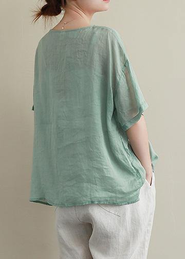 O Neck Asymmetric Cotton Linen Summer Clothes for Green Blouse