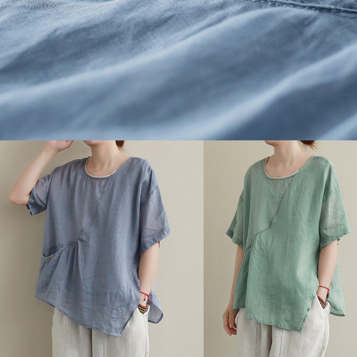 O Neck Asymmetric Cotton Linen Summer Clothes for Green Blouse