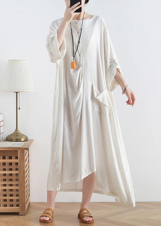O Neck Asymmetric Cotton Summer Clothes Tutorials White Loose Dresses