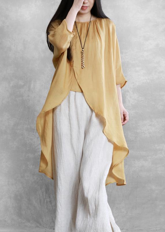 O Neck Asymmetric Crane Tops Pattern Yellow Tops