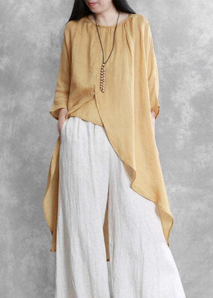 O Neck Asymmetric Crane Tops Pattern Yellow Tops