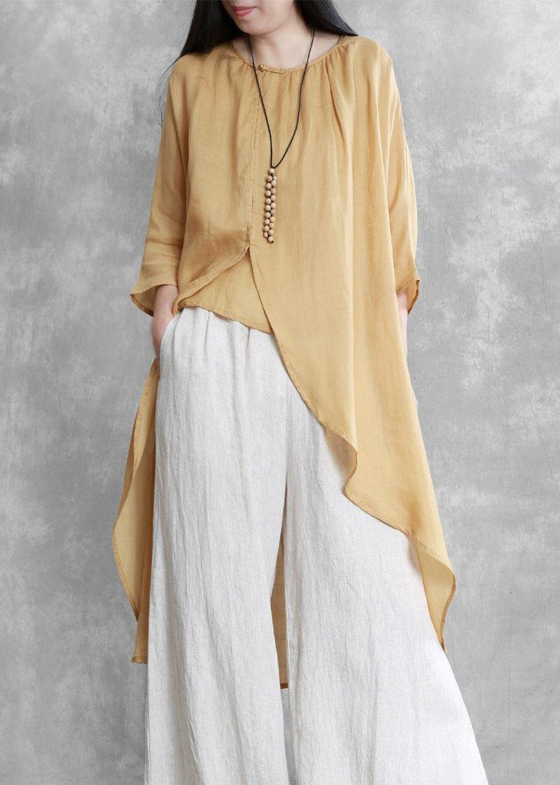 O Neck Asymmetric Crane Tops Pattern Yellow Tops