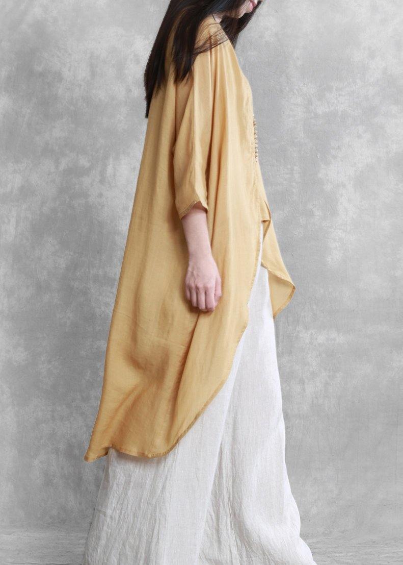 O Neck Asymmetric Crane Tops Pattern Yellow Tops