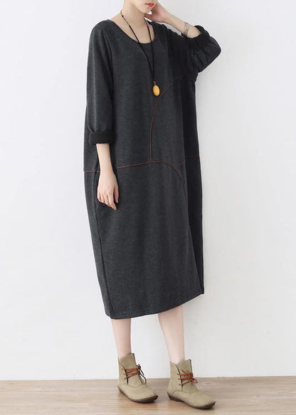 O Neck Asymmetric Fall Tunic Pattern Work Outfits Gray Robe Dresses