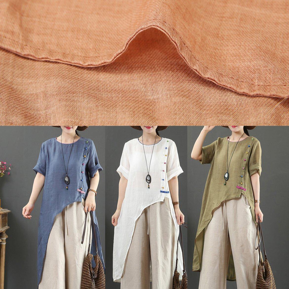 O Neck Asymmetric Linen Blouses for Pattern Orange Tops