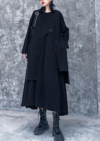 O Neck Asymmetric Quilting Clothes Pattern Black Dress