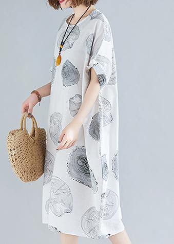 O Neck Baggy Cotton Summer Clothes Linen White Print Dresses
