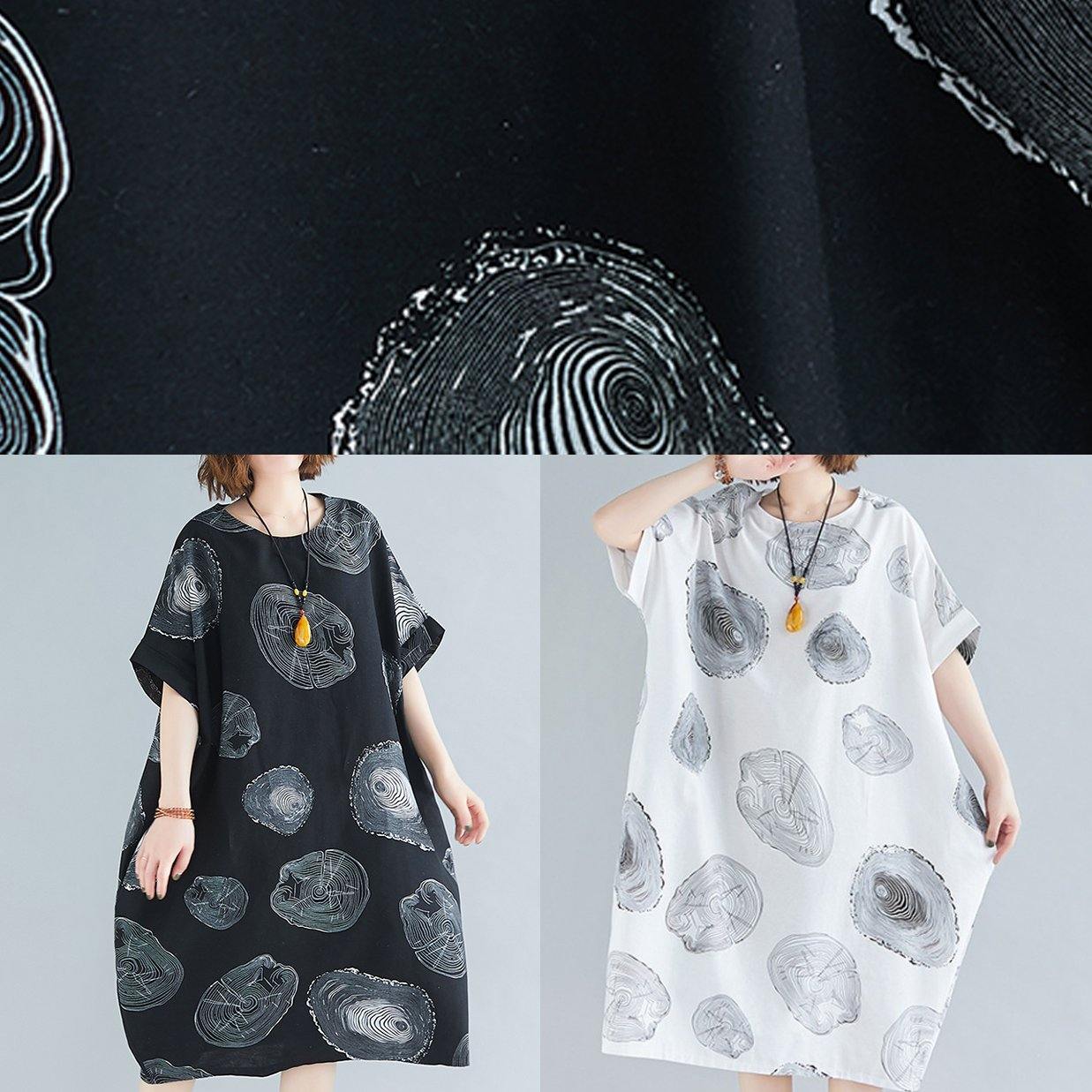 O Neck Baggy Cotton Summer Clothes Linen White Print Dresses