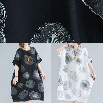 O Neck Baggy Cotton Summer Clothes Linen White Print Dresses