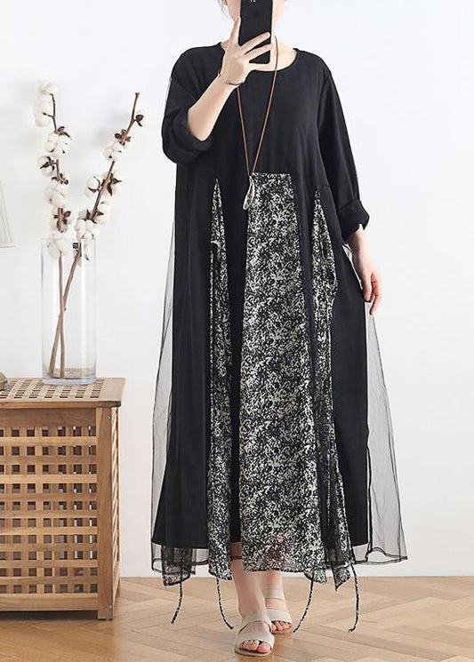 O Neck Clothes Tutorials Black Patchwork Print Maxi Dresses