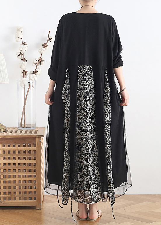 O Neck Clothes Tutorials Black Patchwork Print Maxi Dresses