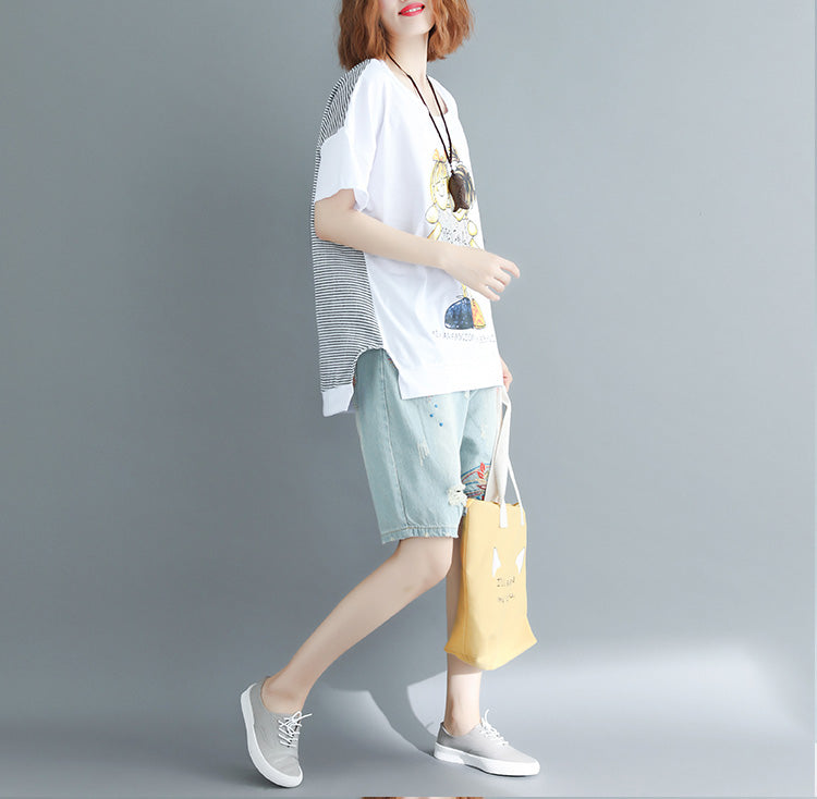 O Neck Cotton Long Shirts Design White Print Box Tops
