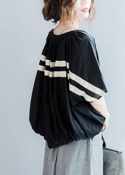 O Neck Cotton Clothes Design Black Striped Blouse Summer