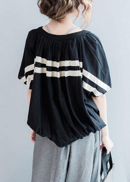 O Neck Cotton Clothes Design Black Striped Blouse Summer