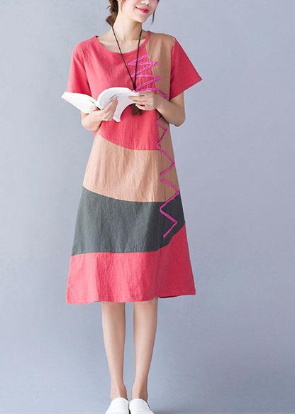 O Neck Cotton Linen Clothes Tunic Tops Orange Patchwork Color Dresses Summer