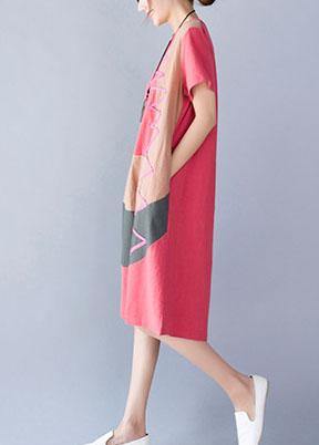 O Neck Cotton Linen Clothes Tunic Tops Orange Patchwork Color Dresses Summer