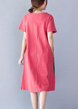 O Neck Cotton Linen Clothes Tunic Tops Orange Patchwork Color Dresses Summer