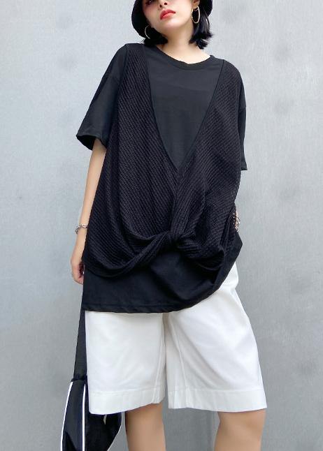 O Neck Cotton Shirts Black Patchwork Tulle Shirts