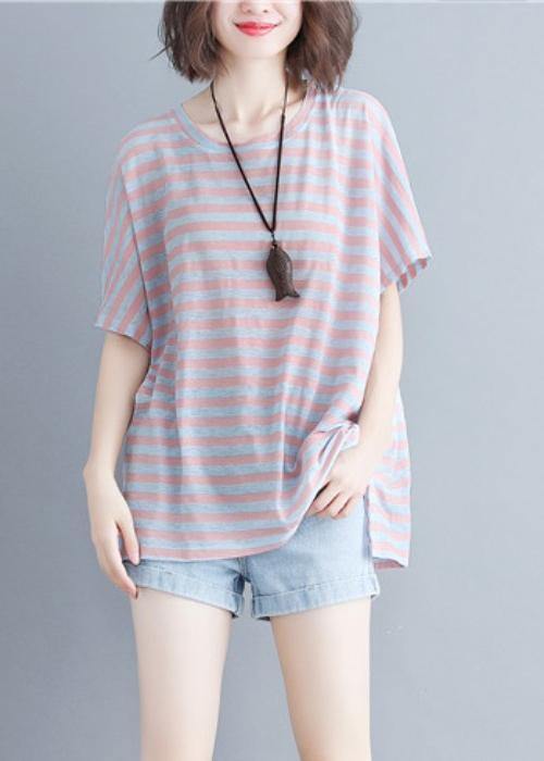 O Neck Cotton Summer Inspiration Red Striped Shirt