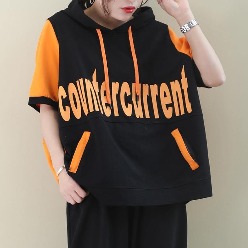 O Neck Cotton Summer Tunics for Sewing Orange Letter Blouses