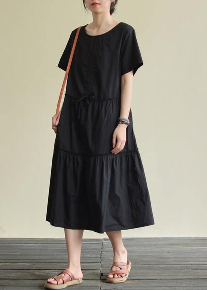 O Neck Drawstring Cotton Summer Clothes for Wardrobes Black Cotton Robes Dress