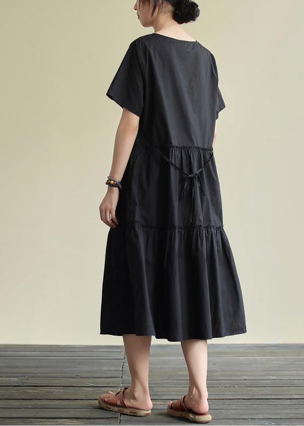 O Neck Drawstring Cotton Summer Clothes for Wardrobes Black Cotton Robes Dress