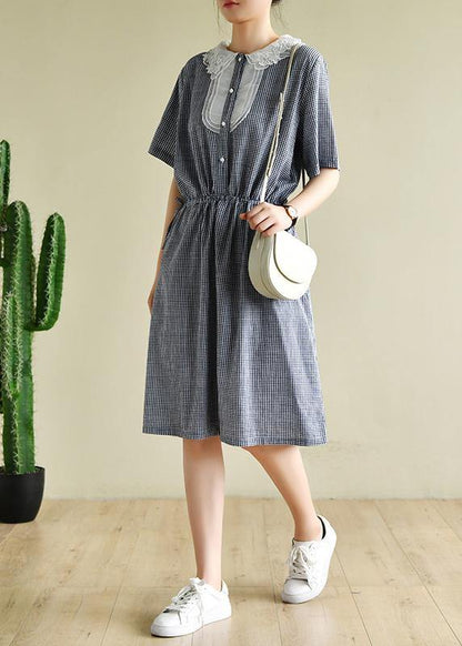 O Neck Elastic Waist Clothes Neckline Navy Striped Dress