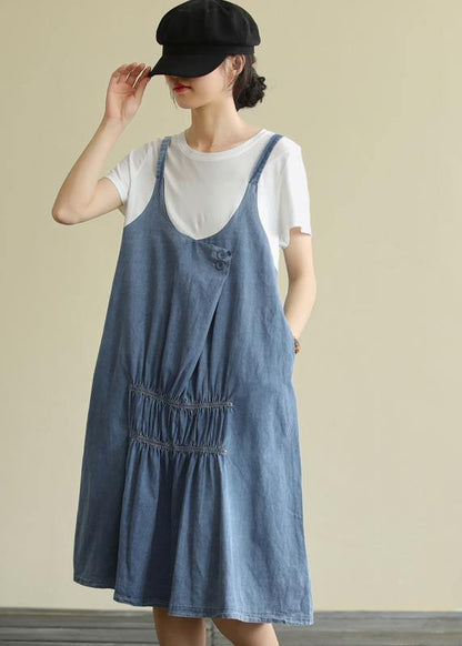 O Neck False Two Pieces Cotton Summer Quilting Dresses Design Blue Dress