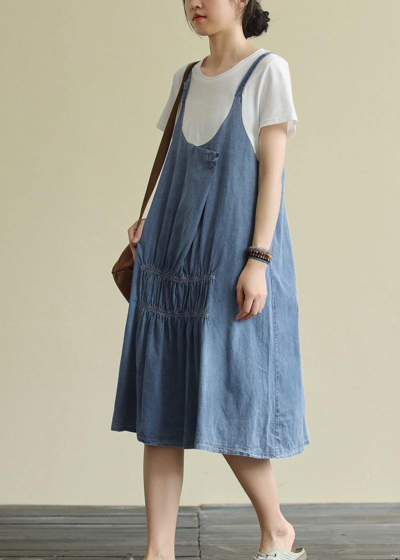 O Neck False Two Pieces Cotton Summer Quilting Dresses Design Blue Dress