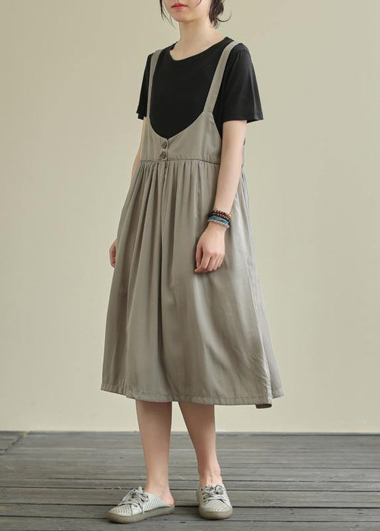O Neck False Two Pieces Cotton Summer Quilting Dresses Gray Maxi Dress