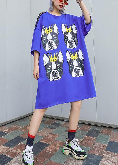 O Neck Half Sleeve Cotton Long Sewing Blue Print Dresses Summer