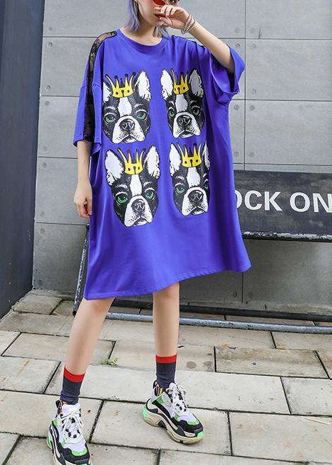 O Neck Half Sleeve Cotton Long Sewing Blue Print Dresses Summer
