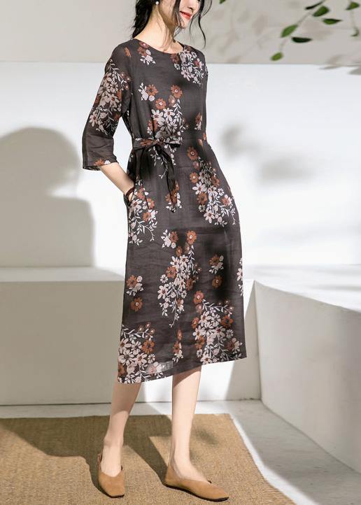 O Neck Half Sleeve Linen Robes Photography Chocolate Print Dress