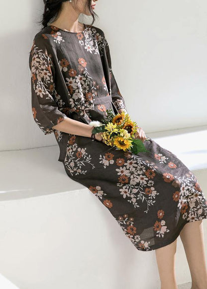 O Neck Half Sleeve Linen Robes Photography Chocolate Print Dress