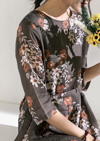 O Neck Half Sleeve Linen Robes Photography Chocolate Print Dress