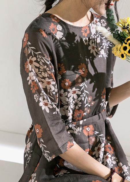 O Neck Half Sleeve Linen Robes Photography Chocolate Print Dress