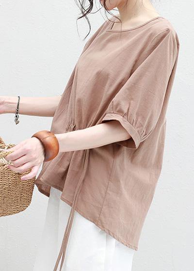 O Neck Lantern Sleeve Cotton Linen Tunic Top Neckline Khaki Summer Blouses
