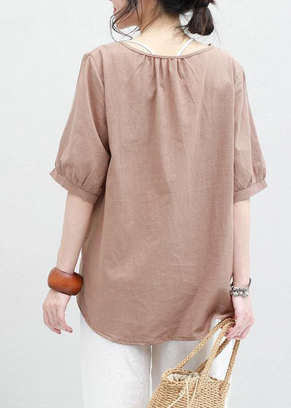 O Neck Lantern Sleeve Cotton Linen Tunic Top Neckline Khaki Summer Blouses