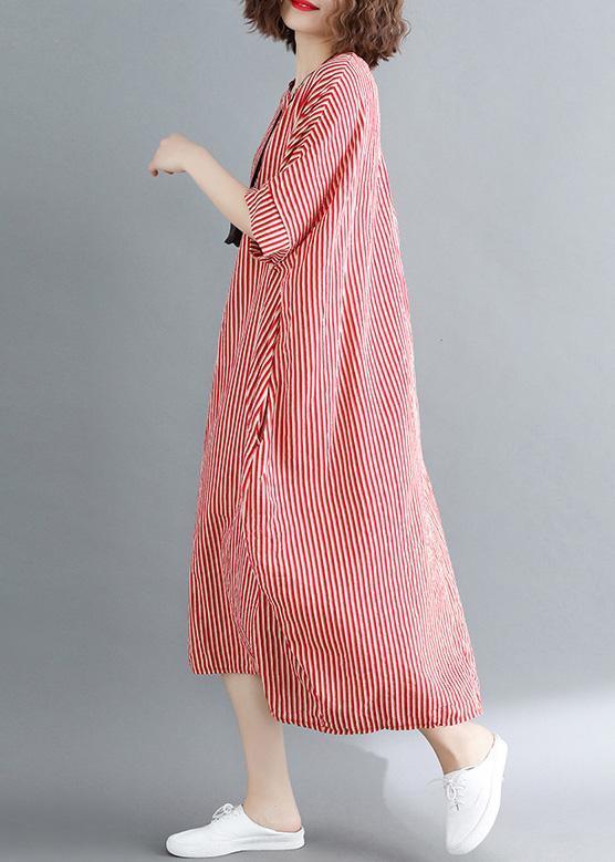 O Neck Linen Robes Omychic Catwalk Red Striped Daily Dress Summer