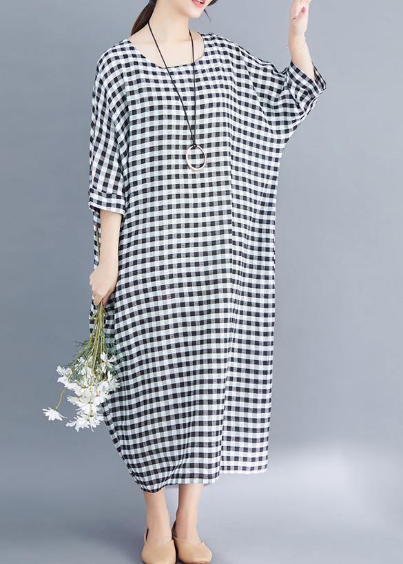 O Neck Linen Cotton Robes Shirts Gray White Plaid Clothing Dresses Summer