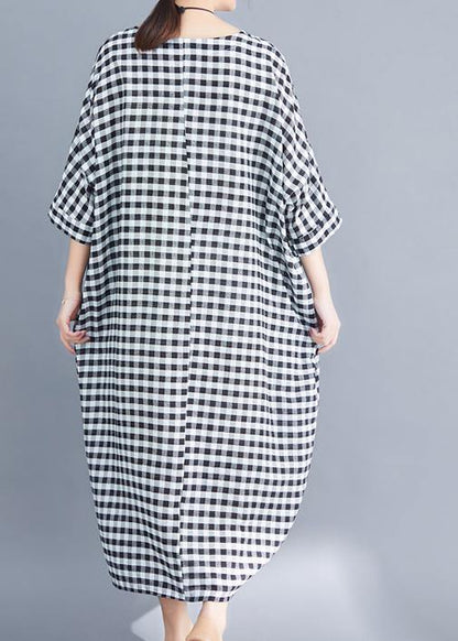 O Neck Linen Cotton Robes Shirts Gray White Plaid Clothing Dresses Summer