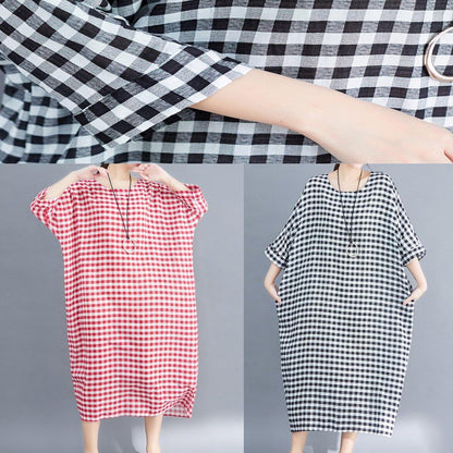 O Neck Linen Cotton Robes Shirts Gray White Plaid Clothing Dresses Summer