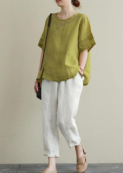 O Neck Linen Cotton Summer Top Green Embroidery Short Blouse