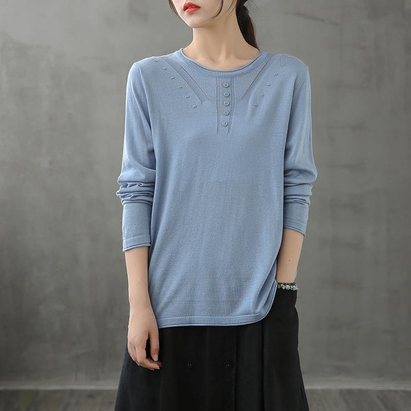 O Neck Long Sleeve Fall Shirts Pattern Blue Blouse